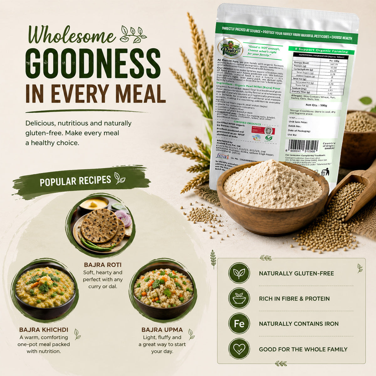 Prakrti Pure Organic Bajra Atta | Pearl Millet Flour | Dietary Fiber