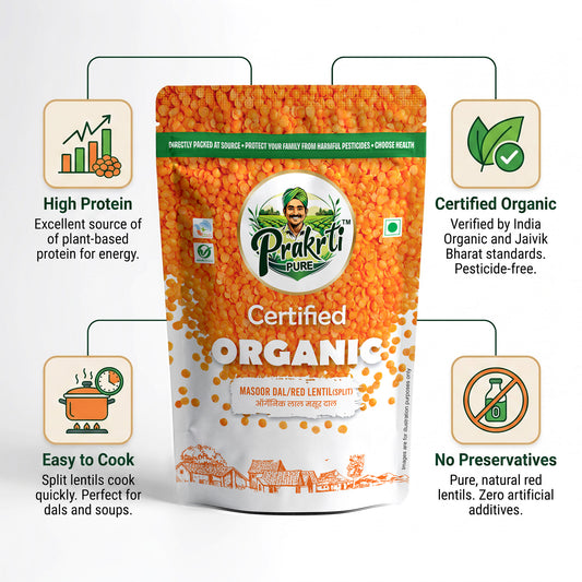 Prakrti Pure Organic Masoor Dal | Split Red Lentils | Plant Protein