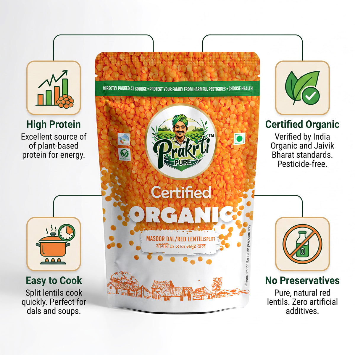 Prakrti Pure Organic Masoor Dal | Split Red Lentils | Plant Protein