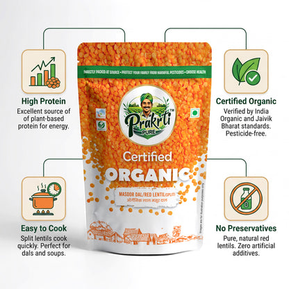 Prakrti Pure Organic Masoor Dal | Split Red Lentils | Plant Protein