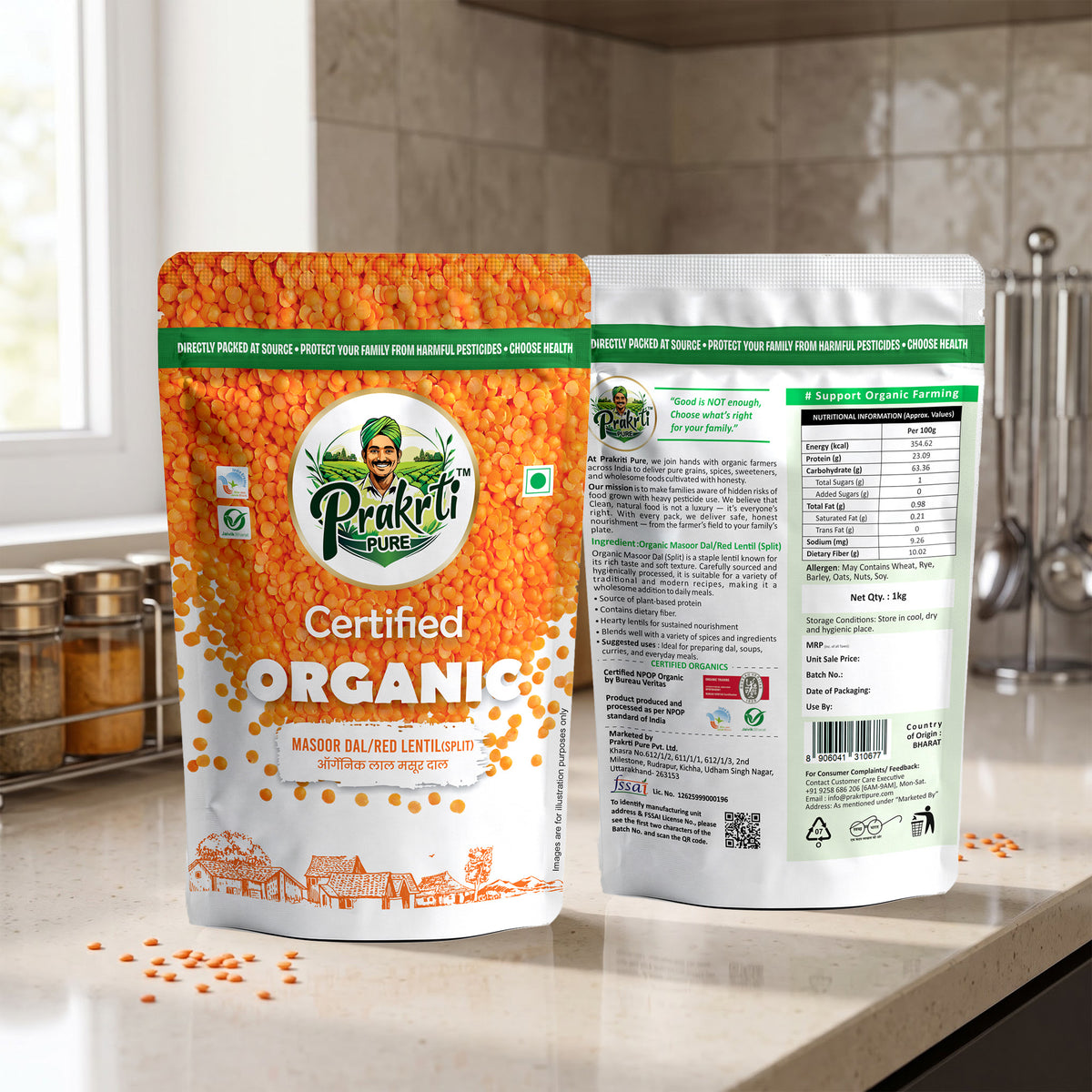 Prakrti Pure Organic Masoor Dal | Split Red Lentils | Plant Protein