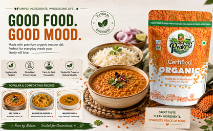 Prakrti Pure Organic Masoor Dal | Split Red Lentils | Plant Protein