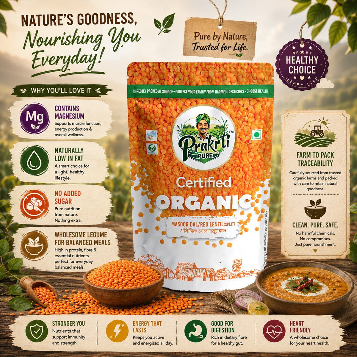 Prakrti Pure Organic Masoor Dal | Split Red Lentils | Plant Protein