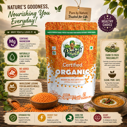Prakrti Pure Organic Masoor Dal | Split Red Lentils | Plant Protein