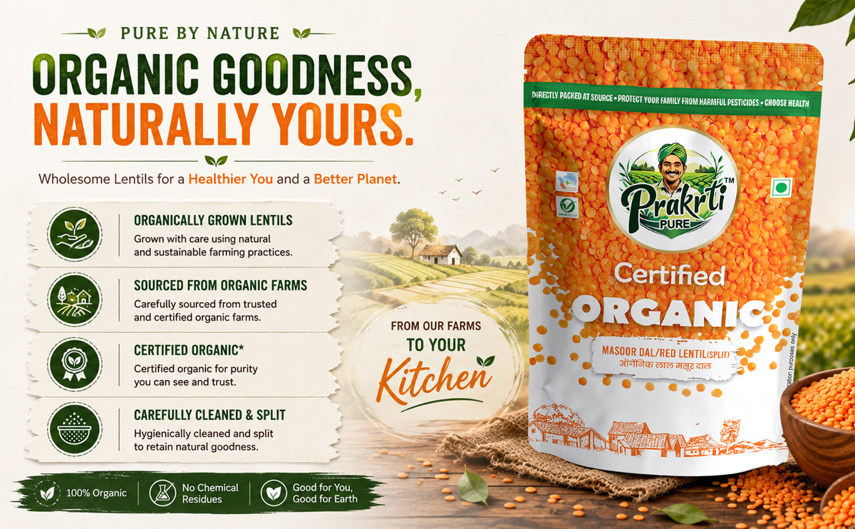 Prakrti Pure Organic Masoor Dal | Split Red Lentils | Plant Protein